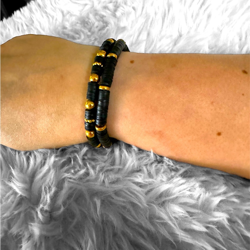 6 1/2 inch gold and black stacking clay bracelets